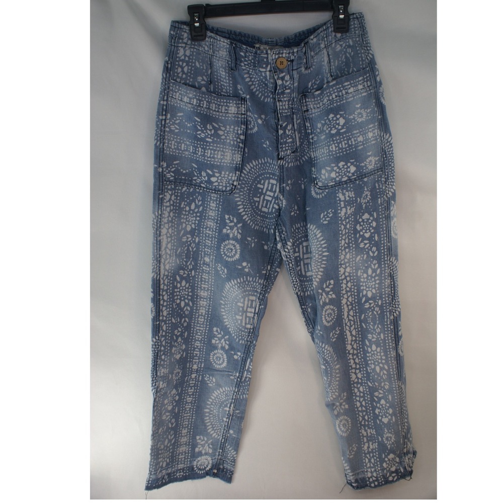 Free People Batik Print Linen Blend Tapered Pants Blue White Size 30 Boho Summer